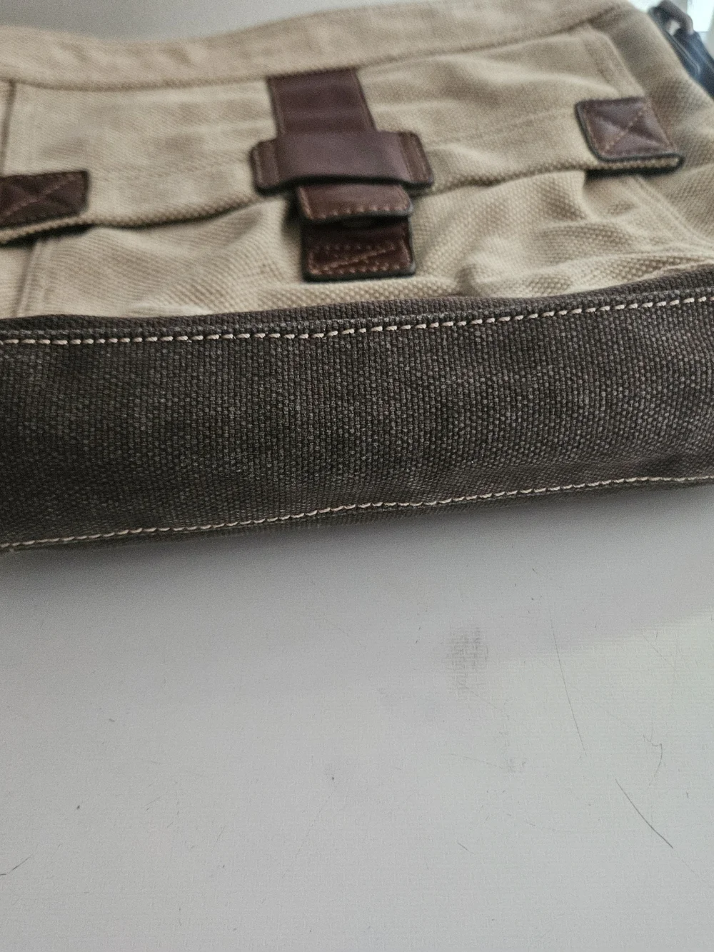 Fossil Men's Canvas Crossbody Bag in Beige with Brown Trim